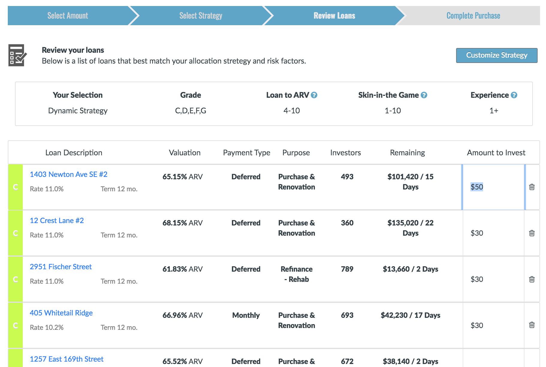 Once you have selected your strategy, you can review all currently funding loans that match your criteria.