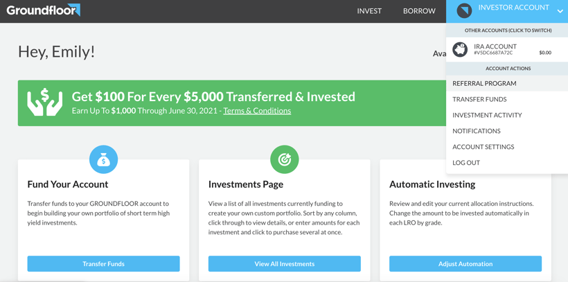 To access your referral page, log into your Investor Account and choose "Referral Program" from the dropdown menu.